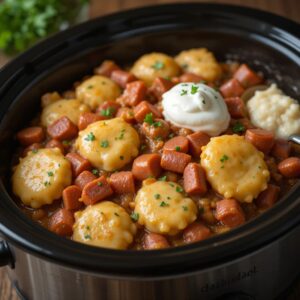 Crockpot Pierogi Casserole with Kielbasa.