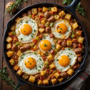 Potatoes, Bacon, Sausage, Eggs, Cheese, and Veggies All-in-One Skillet.