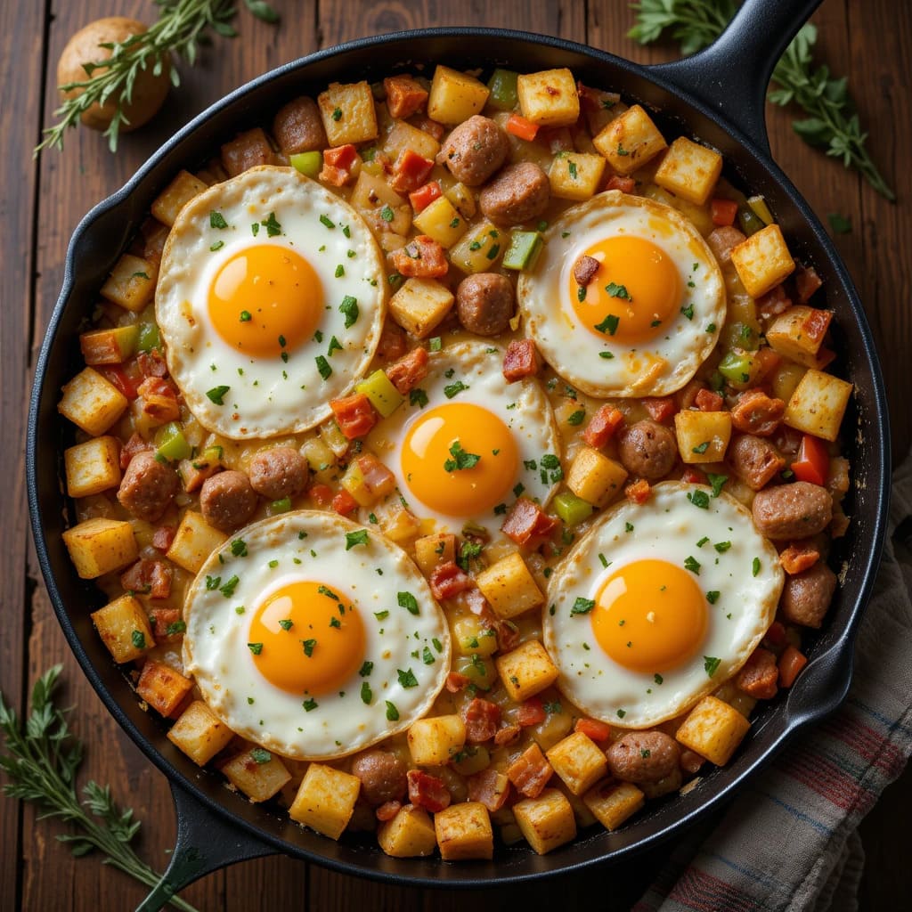 You are currently viewing Potatoes, Bacon, Sausage, Eggs, Cheese, and Veggies All-in-One Skillet