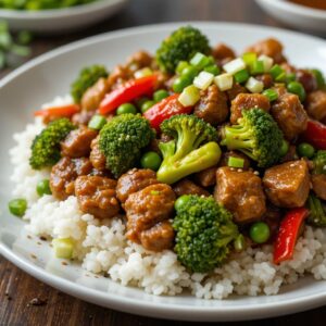 Teriyaki Ground Turkey with Broccoli and Peas