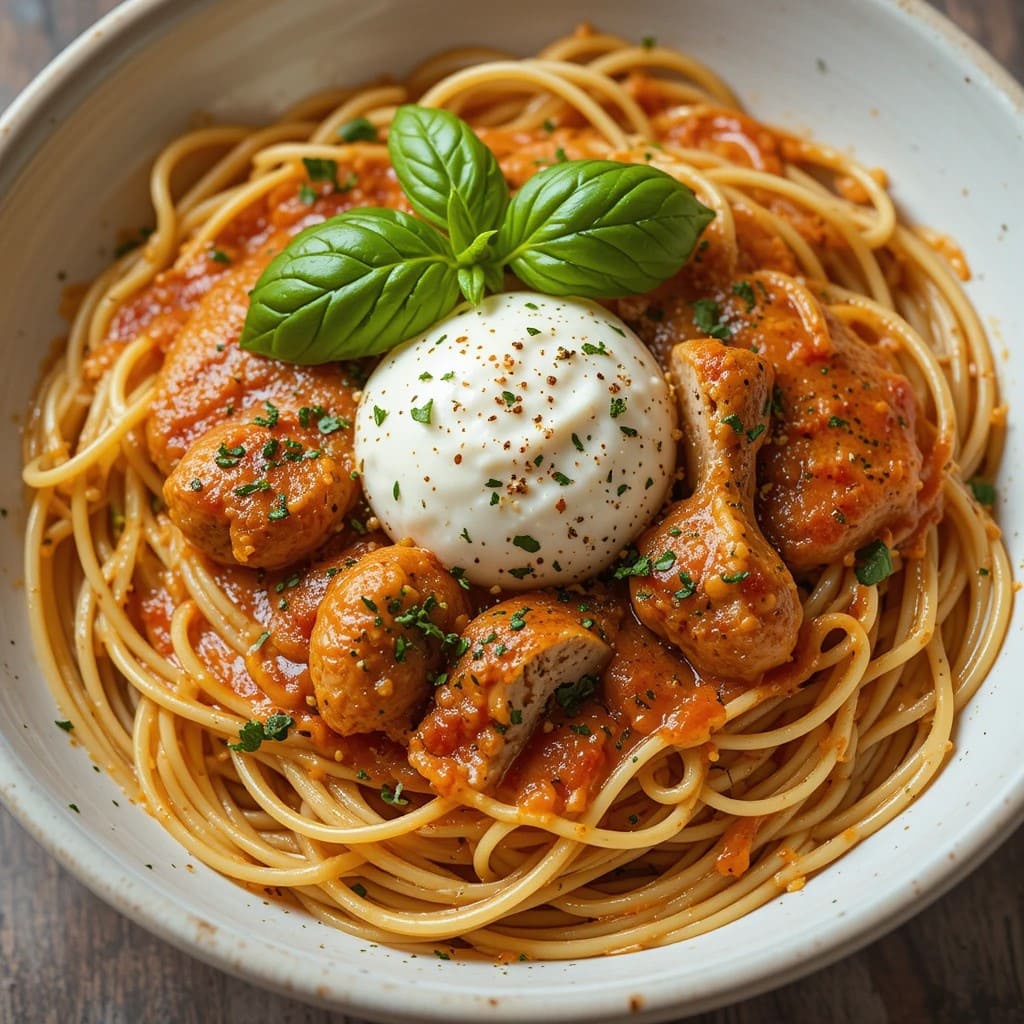 You are currently viewing Delicious Creamy Chicken Spaghetti with Burrata Recipe – A Rich and Indulgent Pasta Dish